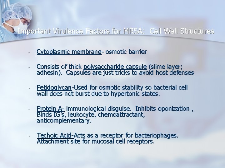 Important Virulence Factors for MRSA: Cell Wall Structures - Cytoplasmic membrane- osmotic barrier -