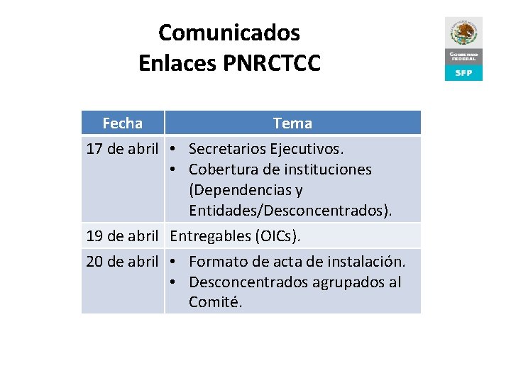 Comunicados Enlaces PNRCTCC Fecha Tema 17 de abril • Secretarios Ejecutivos. • Cobertura de