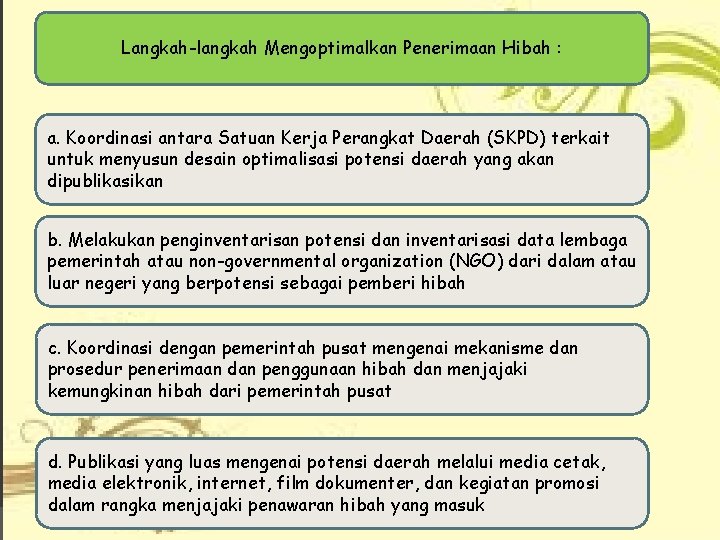 Langkah-langkah Mengoptimalkan Penerimaan Hibah : a. Koordinasi antara Satuan Kerja Perangkat Daerah (SKPD) terkait