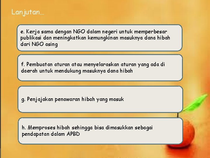 Lanjutan… e. Kerja sama dengan NGO dalam negeri untuk memperbesar publikasi dan meningkatkan kemungkinan