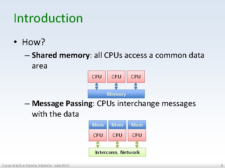 Introduction • How? – Shared memory: all CPUs access a common data area CPU