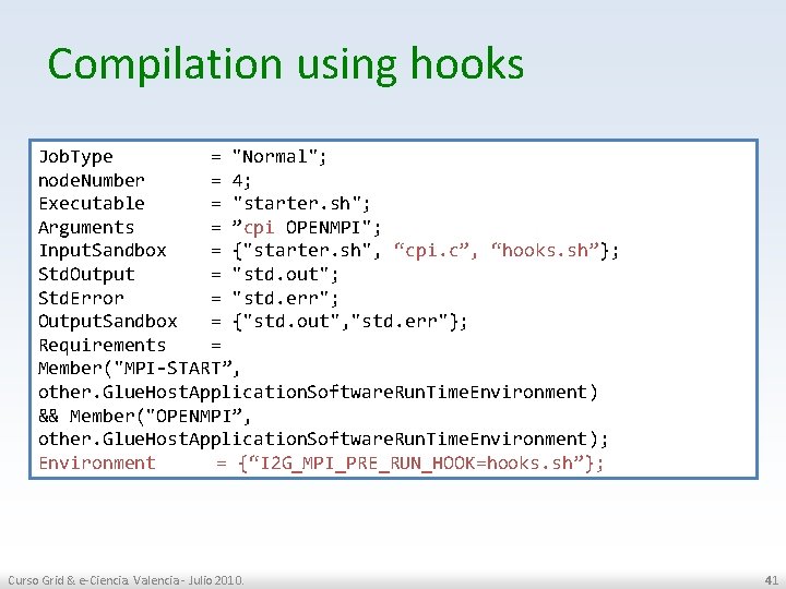 Compilation using hooks Job. Type = "Normal"; node. Number = 4; Executable = "starter.