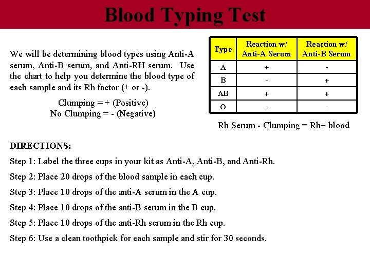 Blood Typing Test We will be determining blood types using Anti-A serum, Anti-B serum,