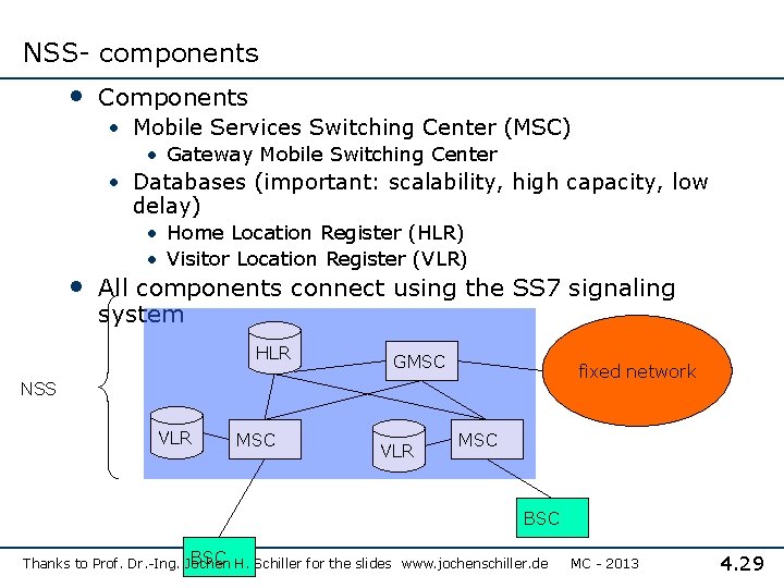 NSS- components • Components • Mobile Services Switching Center (MSC) • Gateway Mobile Switching