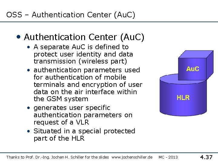 OSS – Authentication Center (Au. C) • Authentication Center (Au. C) • A separate