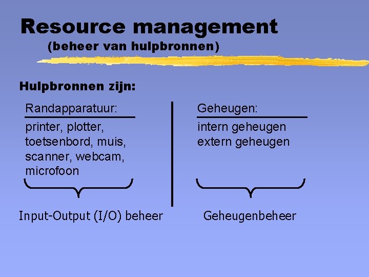 Resource management (beheer van hulpbronnen) Hulpbronnen zijn: Randapparatuur: printer, plotter, toetsenbord, muis, scanner, webcam,