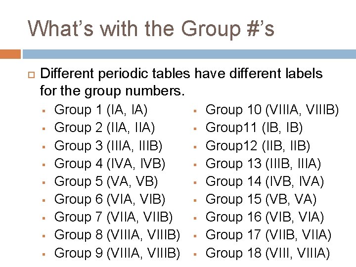 What’s with the Group #’s Different periodic tables have different labels for the group