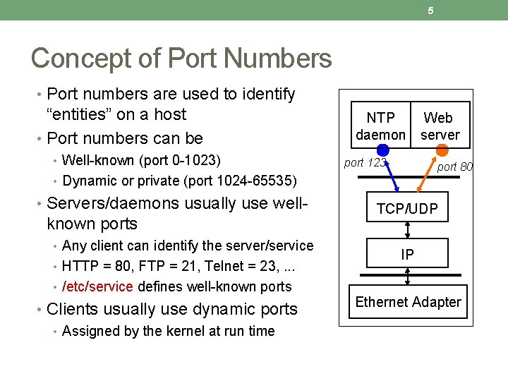 5 Concept of Port Numbers • Port numbers are used to identify “entities” on