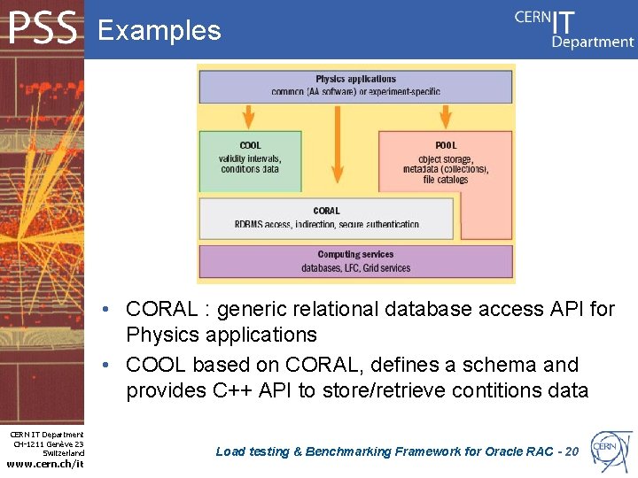 Examples • CORAL : generic relational database access API for Physics applications • COOL