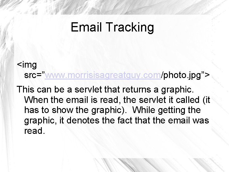 Email Tracking <img src=”www. morrisisagreatguy. com/photo. jpg”> This can be a servlet that returns
