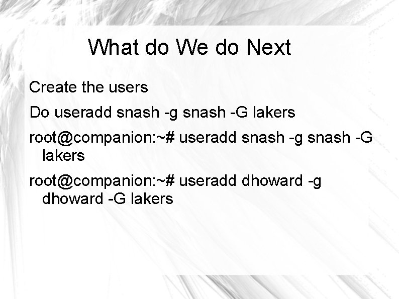 What do We do Next Create the users Do useradd snash -g snash -G