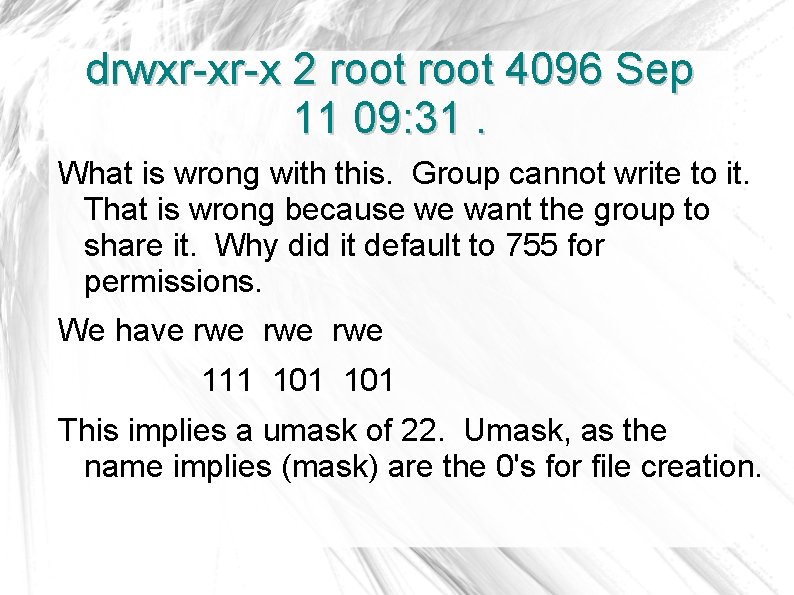 drwxr-xr-x 2 root 4096 Sep 11 09: 31. What is wrong with this. Group