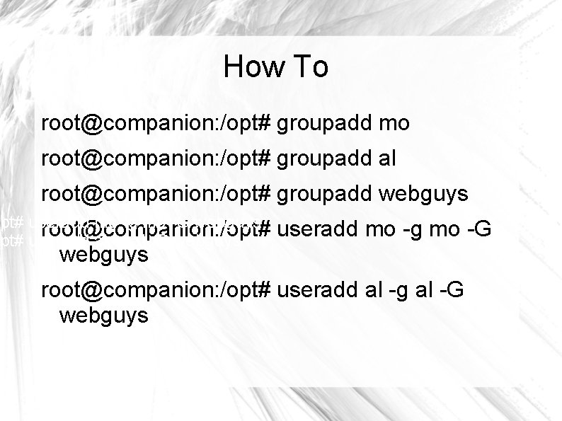 How To root@companion: /opt# groupadd mo root@companion: /opt# groupadd al root@companion: /opt# groupadd webguys