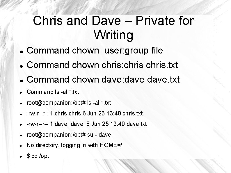 Chris and Dave – Private for Writing Command chown user: group file Command chown