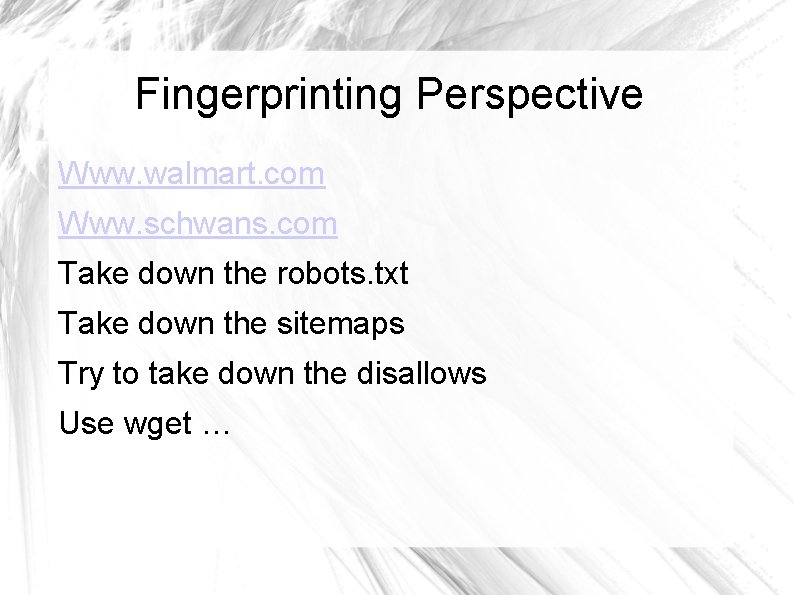 Fingerprinting Perspective Www. walmart. com Www. schwans. com Take down the robots. txt Take