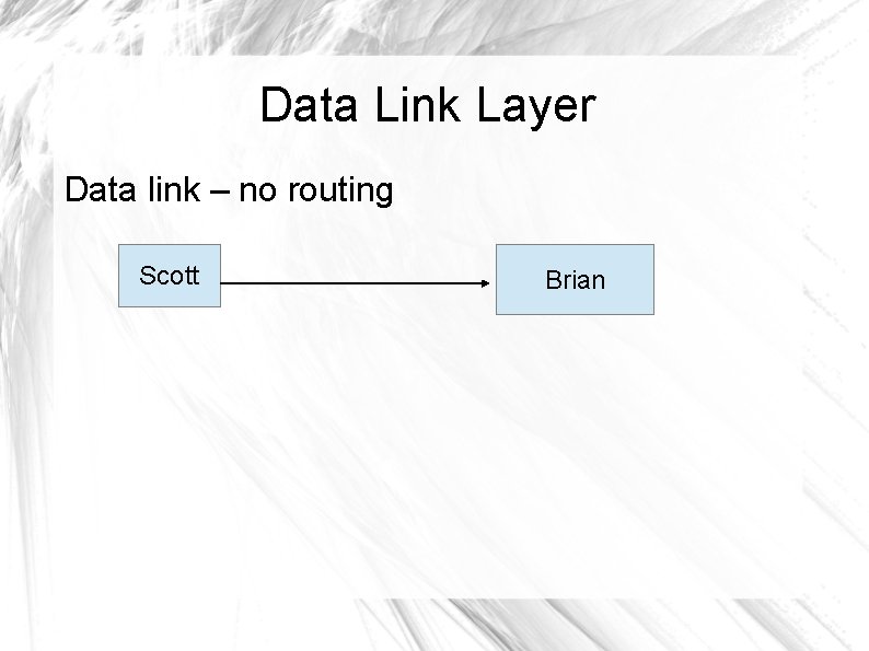 Data Link Layer Data link – no routing Scott Brian 