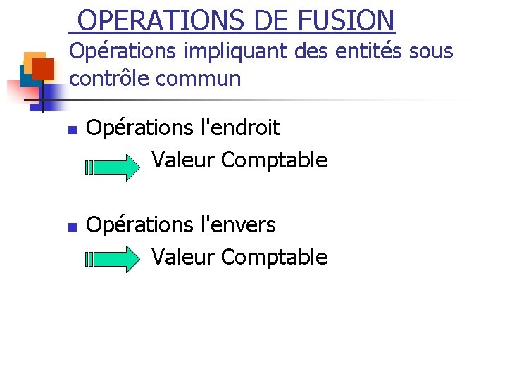 OPERATIONS DE FUSION Opérations impliquant des entités sous contrôle commun n n Opérations l'endroit