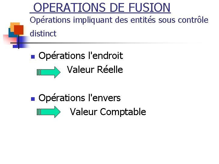 OPERATIONS DE FUSION Opérations impliquant des entités sous contrôle distinct n n Opérations l'endroit