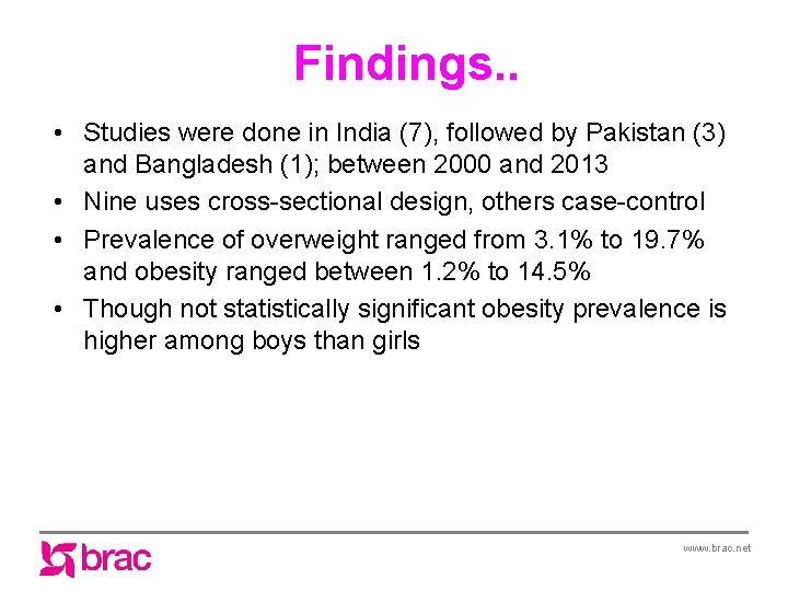 Findings. . • Studies were done in India (7), followed by Pakistan (3) and