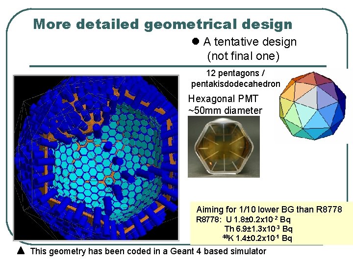 More detailed geometrical design l A tentative design (not final one) 12 pentagons /