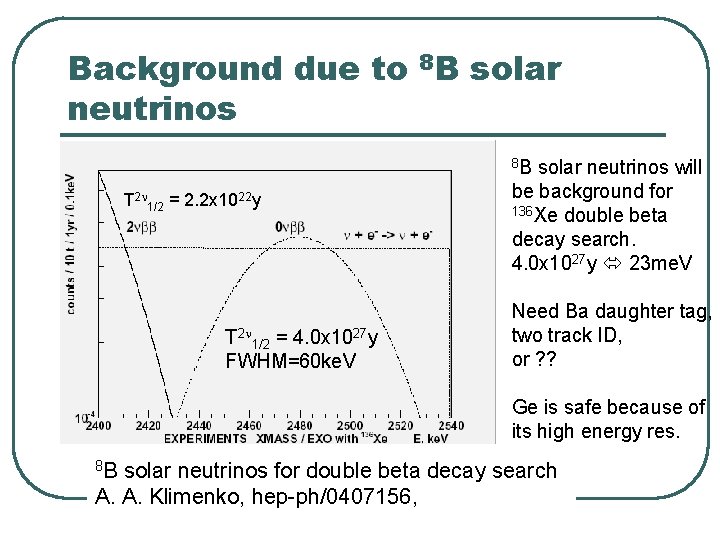 Background due to 8 B solar neutrinos 8 B T 2 n 1/2 =