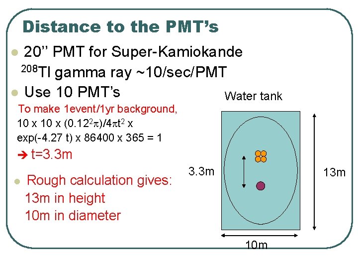 Distance to the PMT’s 20’’ PMT for Super-Kamiokande 　208 Tl gamma ray ~10/sec/PMT l