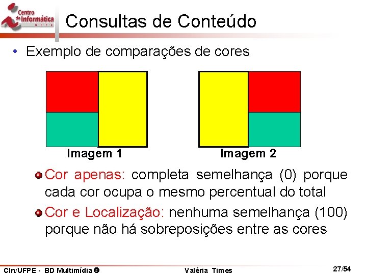 Consultas de Conteúdo • Exemplo de comparações de cores Imagem 1 Imagem 2 Cor