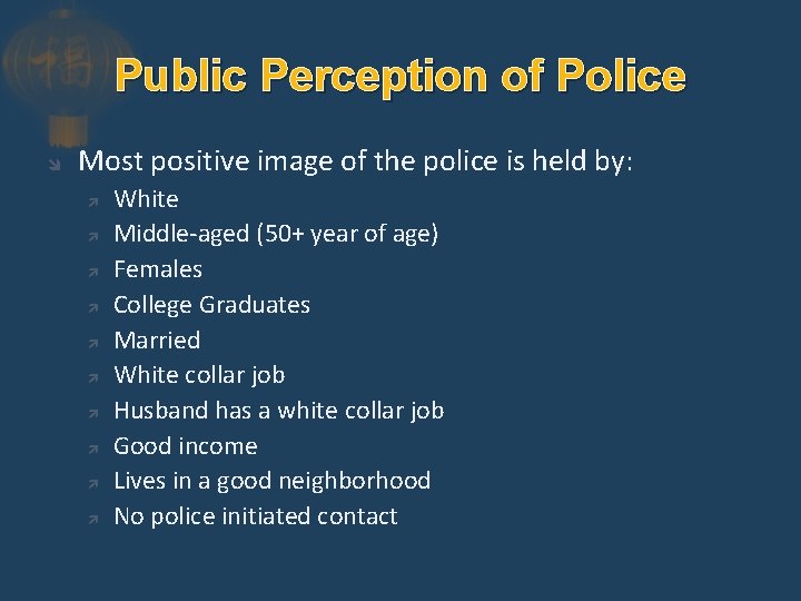 Public Perception of Police Most positive image of the police is held by: White