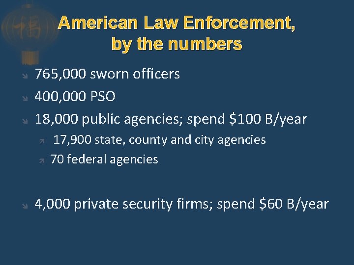 American Law Enforcement, by the numbers 765, 000 sworn officers 400, 000 PSO 18,