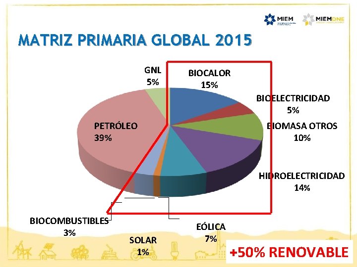 MATRIZ PRIMARIA GLOBAL 2015 GNL 5% BIOCALOR 15% BIOELECTRICIDAD 5% PETRÓLEO 39% BIOMASA OTROS