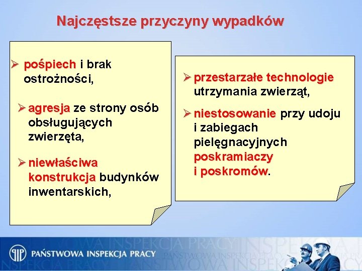 Najczęstsze przyczyny wypadków Ø pośpiech i brak pośpiech ostrożności, Ø agresja ze strony osób