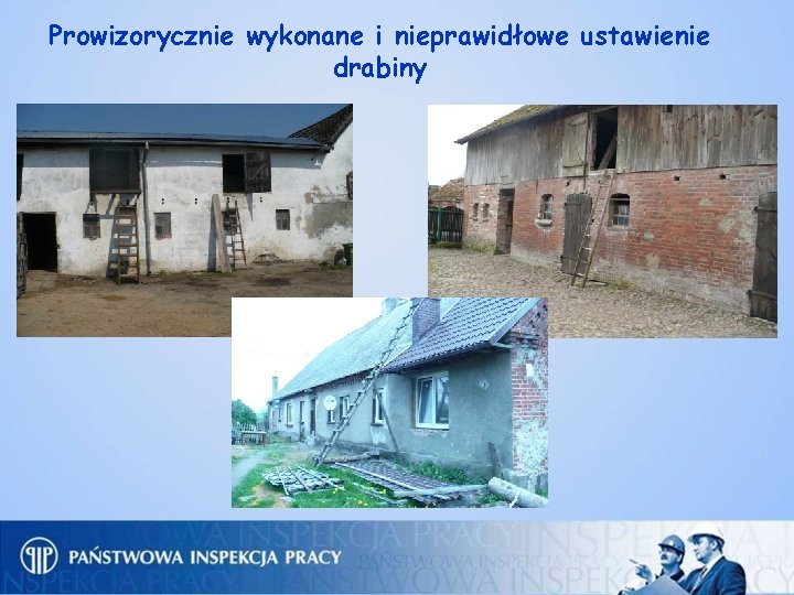 Prowizorycznie wykonane i nieprawidłowe ustawienie drabiny 