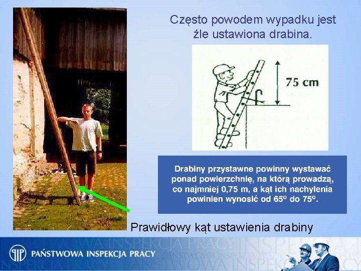 Często powodem wypadku jest źle ustawiona drabina. Prawidłowy kąt ustawienia drabiny 