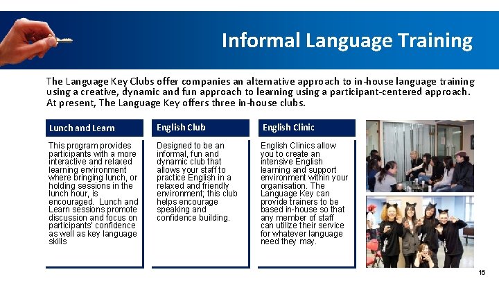 Informal Language Training The Language Key Clubs offer companies an alternative approach to in-house