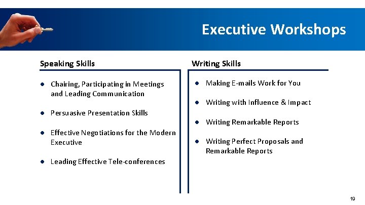 Executive Workshops Speaking Skills ● Chairing, Participating in Meetings and Leading Communication ● Persuasive