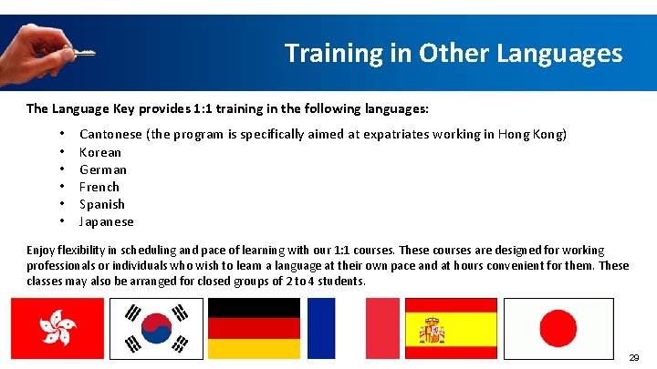 Training in Other Languages The Language Key provides 1: 1 training in the following