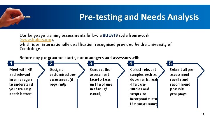 Pre-testing and Needs Analysis Our language training assessments follow a BULATS style framework (www.