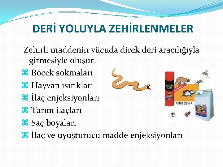 DERİ YOLUYLA ZEHİRLENMELER Zehirli maddenin vücuda direk deri aracılığıyla girmesiyle oluşur. Böcek sokmaları Hayvan