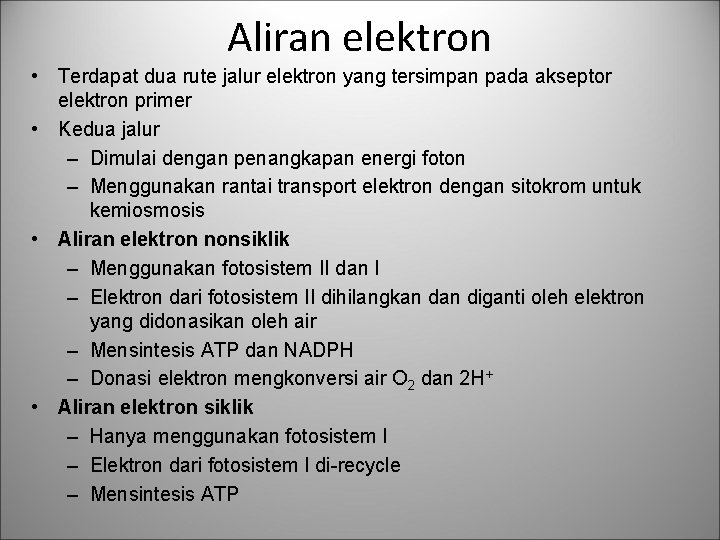 Aliran elektron • Terdapat dua rute jalur elektron yang tersimpan pada akseptor elektron primer