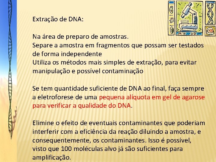 Extração de DNA: Na área de preparo de amostras. Separe a amostra em fragmentos