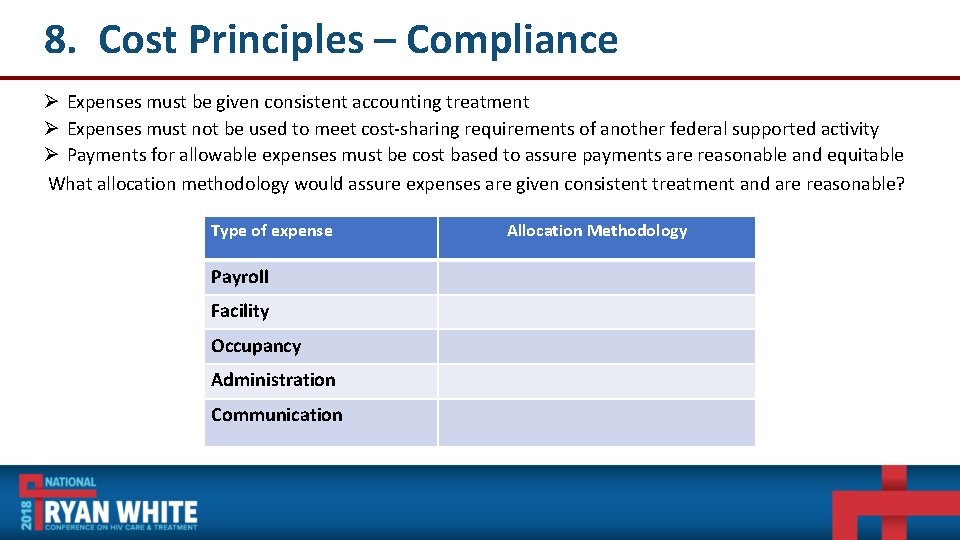 8. Cost Principles – Compliance Ø Expenses must be given consistent accounting treatment Ø