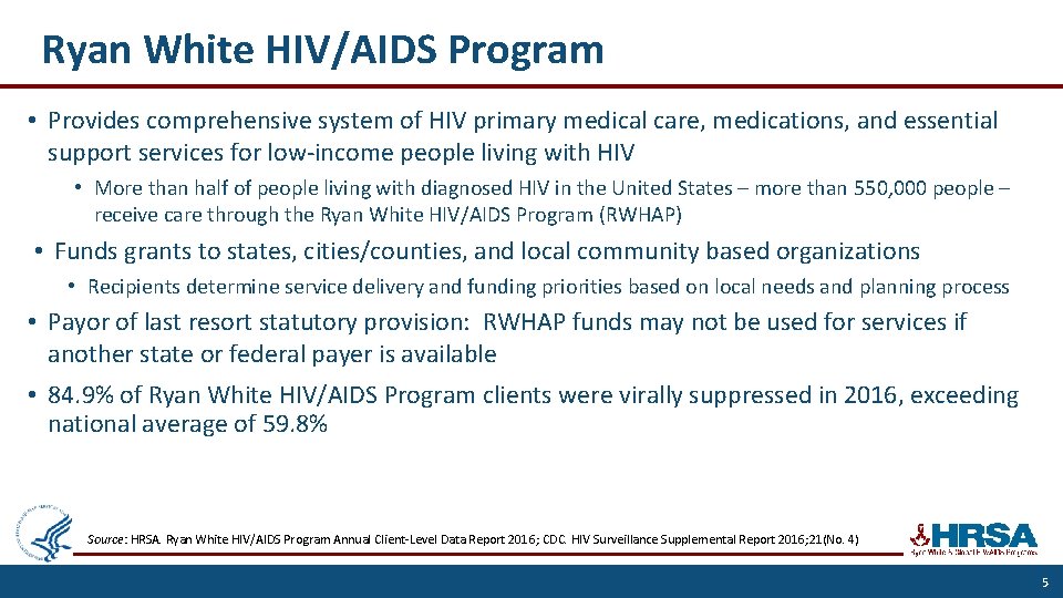 Ryan White HIV/AIDS Program • Provides comprehensive system of HIV primary medical care, medications,