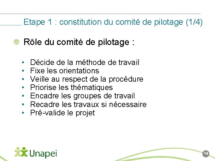 Etape 1 : constitution du comité de pilotage (1/4) Rôle du comité de pilotage