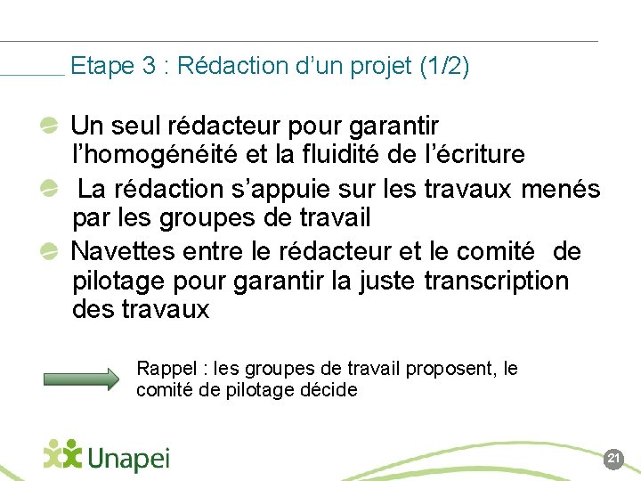 Etape 3 : Rédaction d’un projet (1/2) Un seul rédacteur pour garantir l’homogénéité et