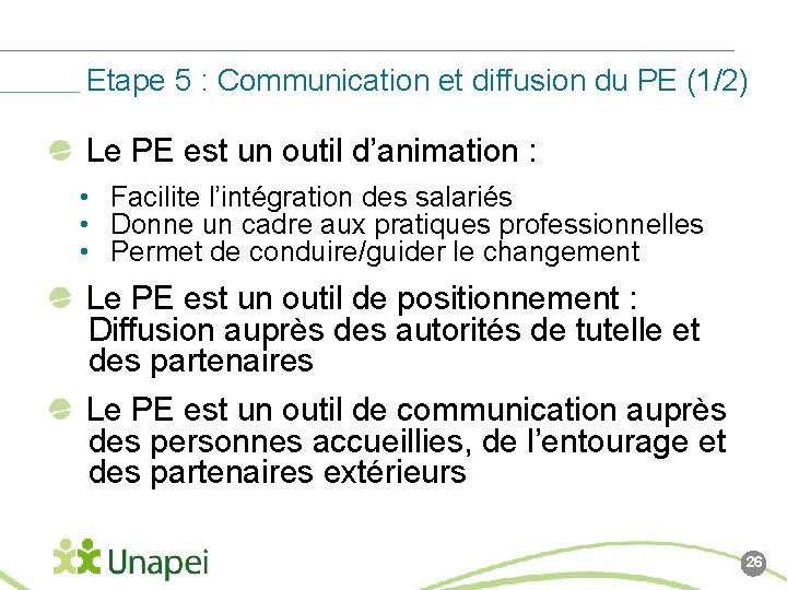 Etape 5 : Communication et diffusion du PE (1/2) Le PE est un outil