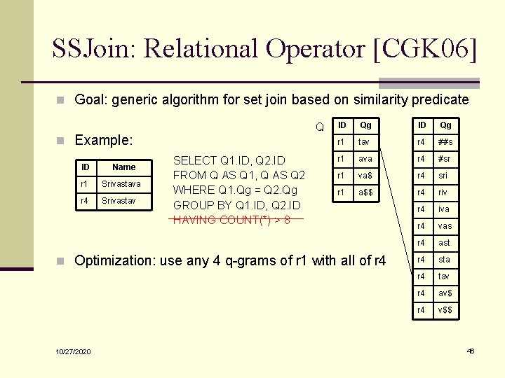 SSJoin: Relational Operator [CGK 06] n Goal: generic algorithm for set join based on