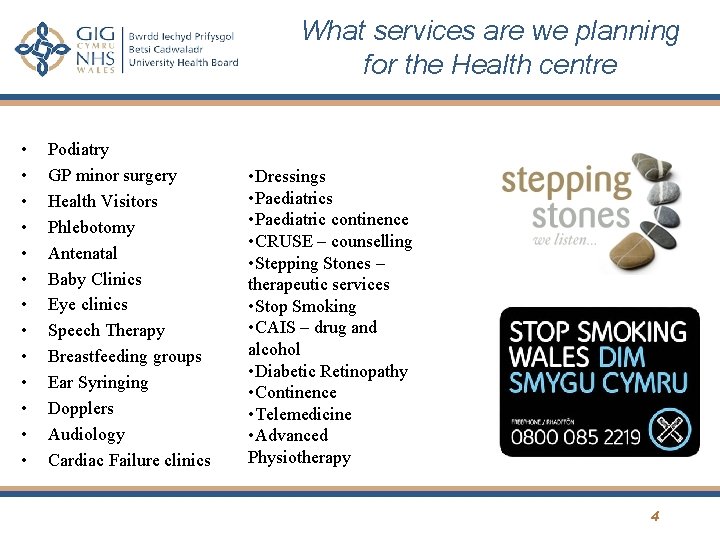 What services are we planning for the Health centre • • • • Podiatry