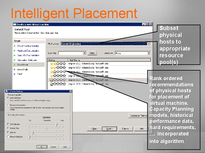 Intelligent Placement Subset physical hosts to appropriate resource pool(s) Rank ordered recommendations of physical
