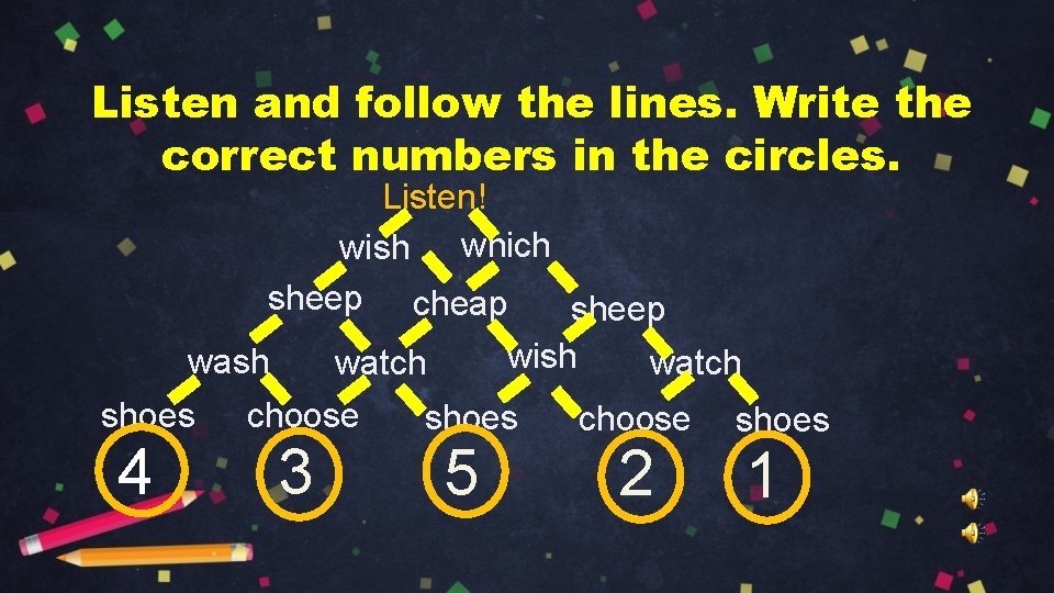 Listen and follow the lines. Write the correct numbers in the circles. Listen! wish