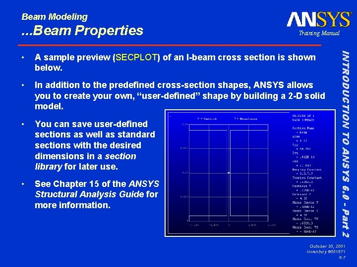 Beam Modeling . . . Beam Properties Training Manual A sample preview (SECPLOT) of